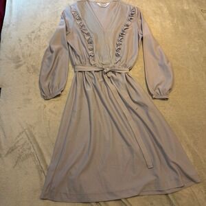 Vintage Belair Lavender Grey Pleated Ruffle V-Neck Bishop Sleeve Midi Dress 70s